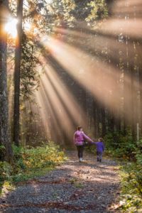 Mother and daughter hiking on a trail in the woods with sun shining through the trees